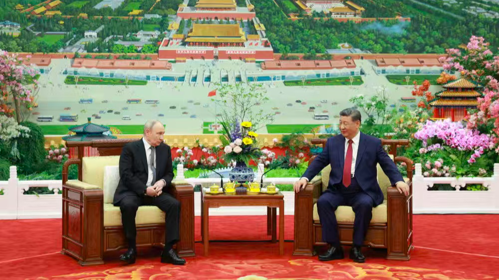 Chinese President Xi Jinping chatted over tea with Russian President Vladimir Putin at the Great Hall of the People in Beijing, China on May 20, 2026. /CMG 