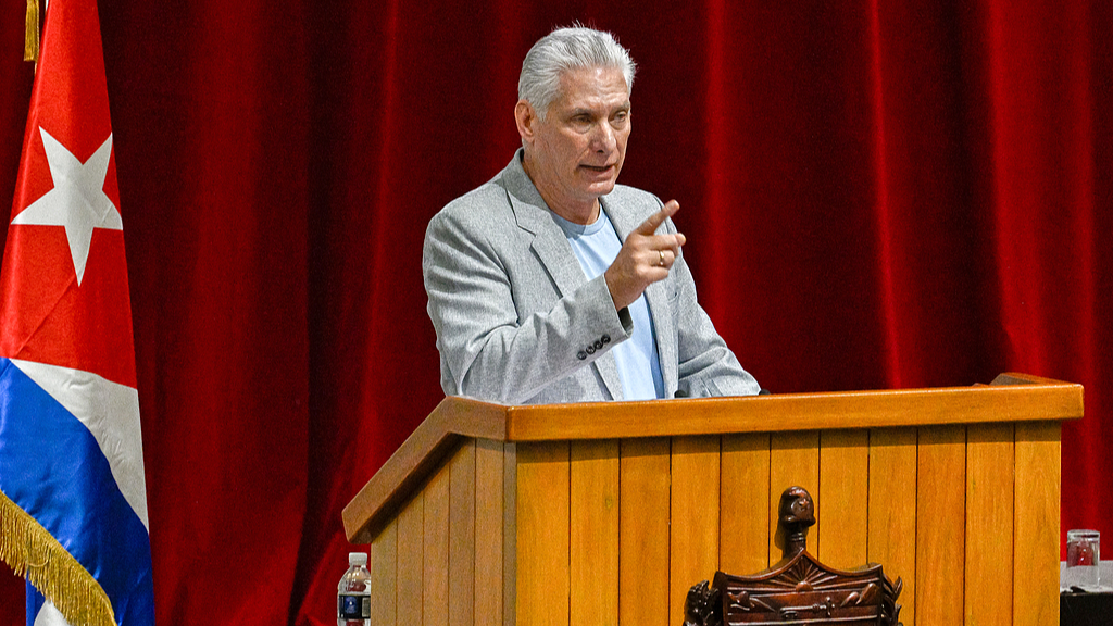 Cuban President Miguel Diaz-Canel delivers a welcome address to politicians and activists of the Our America Convoy at the Convention Center in Havana, Cuba, March 20, 2026. /VCG