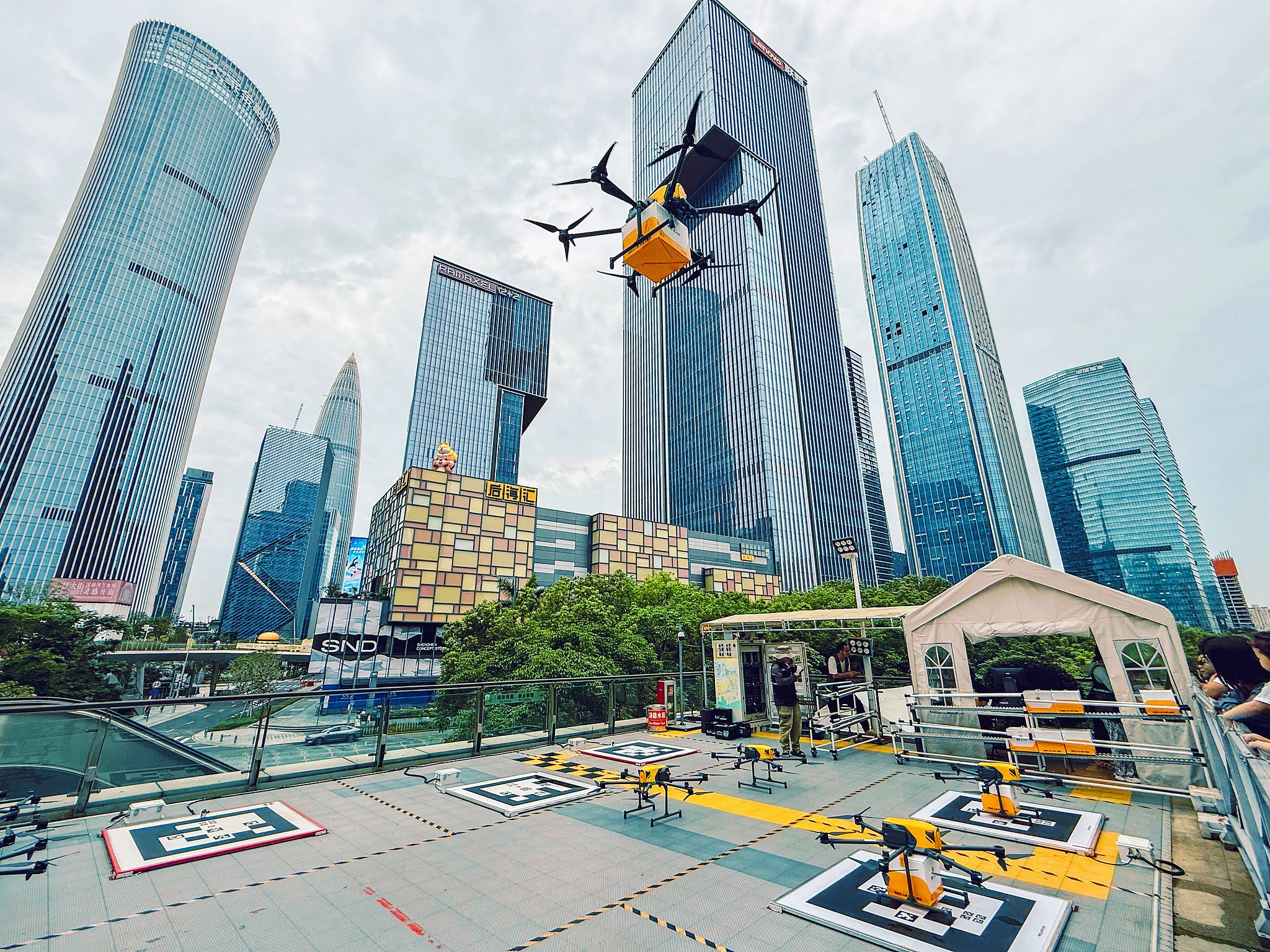 Food-delivery drones are seen at a takeoff site in Shenzhen City, south China's Guangdong Province, May 4, 2026. /VCG