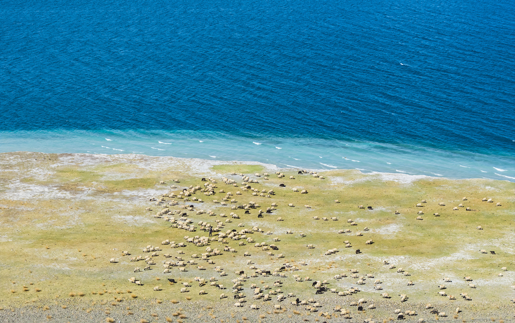 An aerial photo taken on 23 May, 2026, shows the waters of Yamdrok Lake in Shannan, Xizang, sparkling in vivid shades of blue. /VCG 
