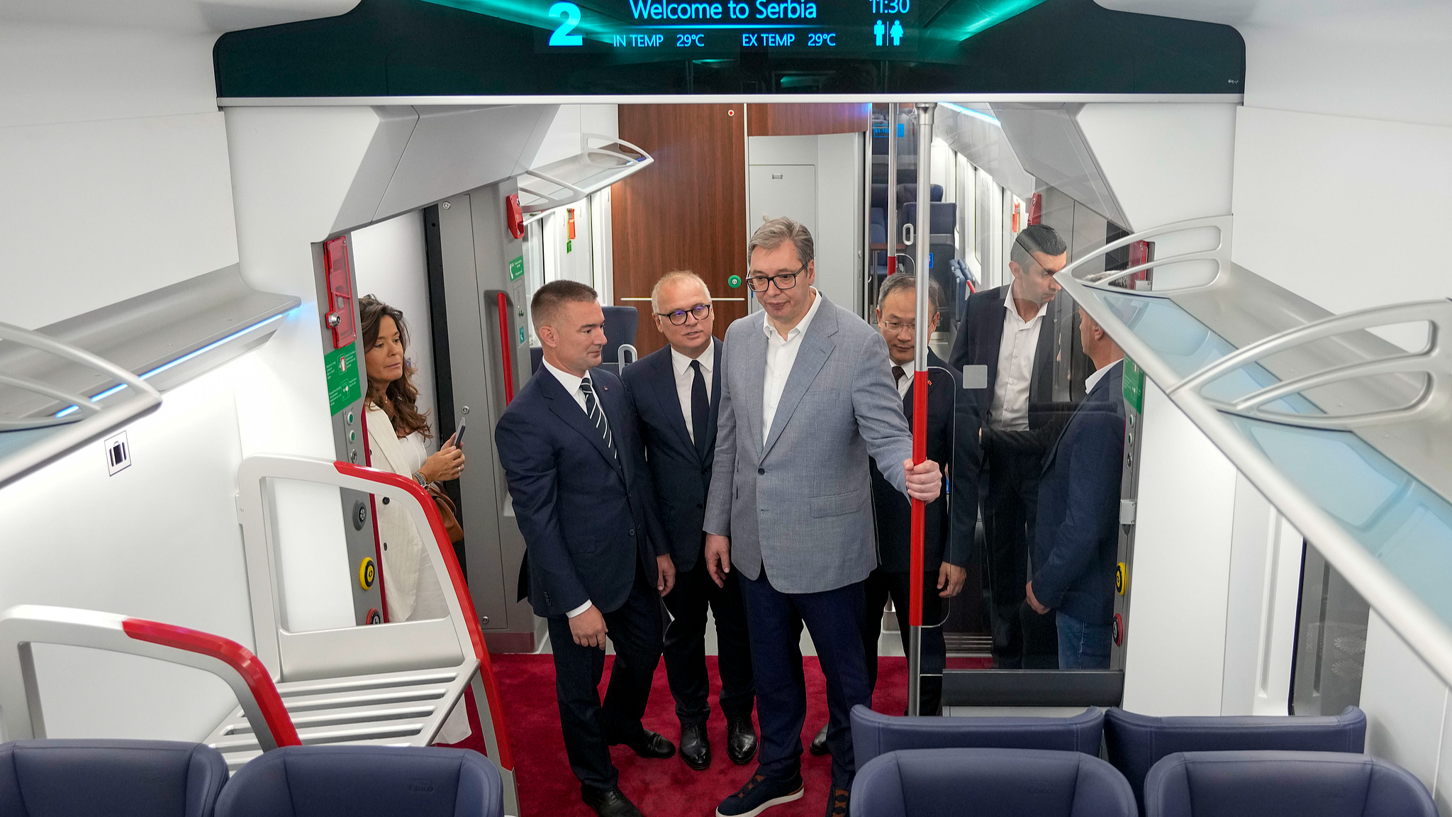Serbian President Aleksandar Vucic inspects a new electric high-speed train for the Belgrade-Budapest railway, which is being reconstructed with Chinese finance at the Zemun station in Belgrade, Serbia, June 7, 2024. /VCG