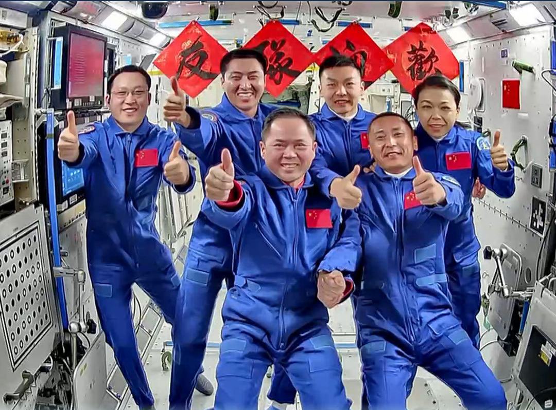 A group photo of Shenzhou-21 and Shenzhou-23 crews in space, May 25, 2026. /CMSA