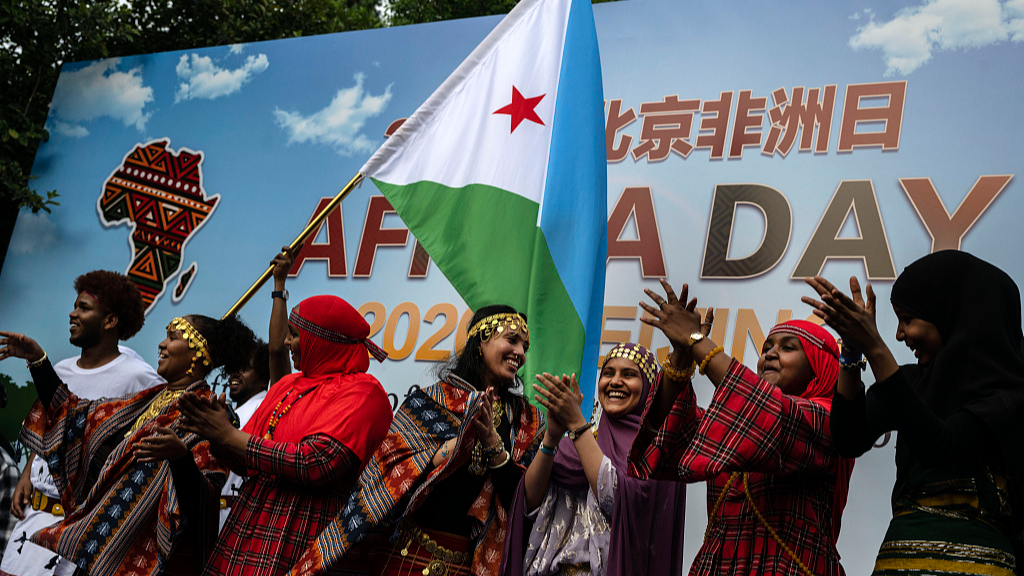 Young people from Djibouti sing and dance as they take part in 2026 Africa Day Cultural Festival in Beijing, China, May 23, 2026. /VCG