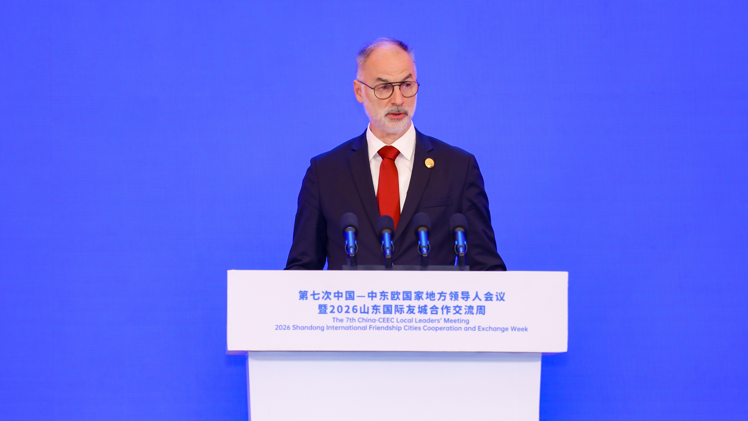 North Macedonia's Deputy Prime Minister and Minister for Inter-Community Relations Ivan Stoilkovic speaks at a opening ceremony of the 7th China-CEEC Local Leaders' Meeting and the 2026 Shandong International Friendship Cities Cooperation and Exchange Week in Jinan City, Shandong Province, China, May 26, 2026. /SDIFCC