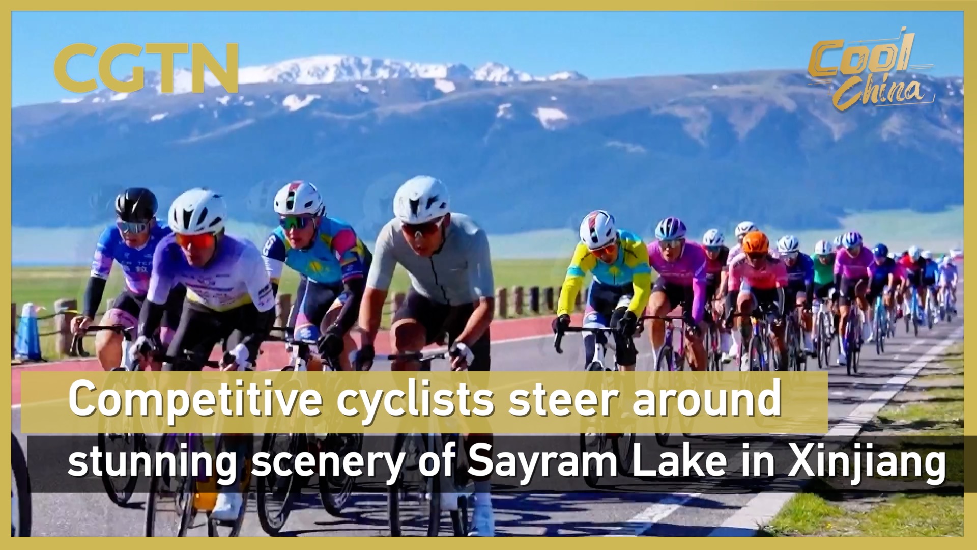 Competitive cyclists steer around stunning scenery of Sayram Lake