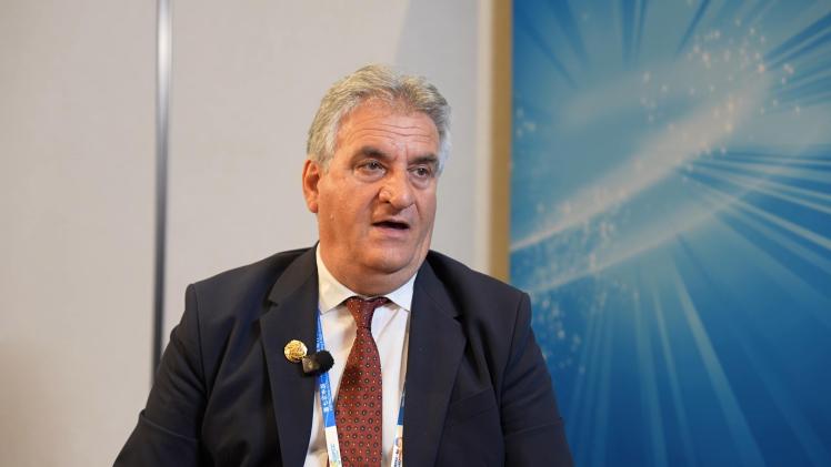 Savvas Koulouris, vice-regional governor of Greece's Ionian Islands, reacts during an interview with CMG on the sidelines of the 7th China-CEEC Local Leaders' Meeting in Jinan, Shandong Province, China, May 26, 2026. /CMG