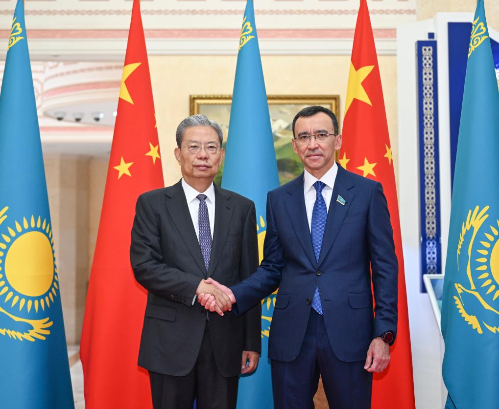 Zhao Leji, chairman of China's National People's Congress Standing Committee, holds talks with Maulen Ashimbayev, chairperson of the Senate of Kazakhstan, in Astana, Kazakhstan, May 26, 2026. /Xinhua