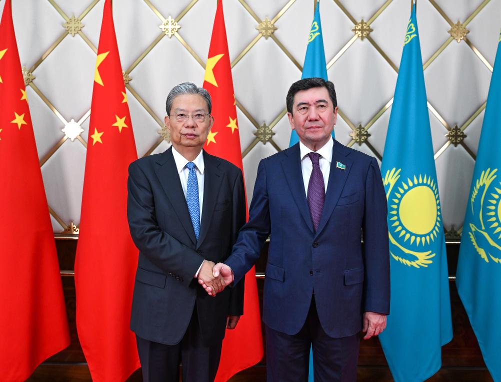 Zhao Leji, chairman of China's National People's Congress Standing Committee, holds talks with Yerlan Koshanov, speaker of the Mazhilis, the lower house of Kazakhstan's parliament, in Astana, Kazakhstan, May 25, 2026. /Xinhua