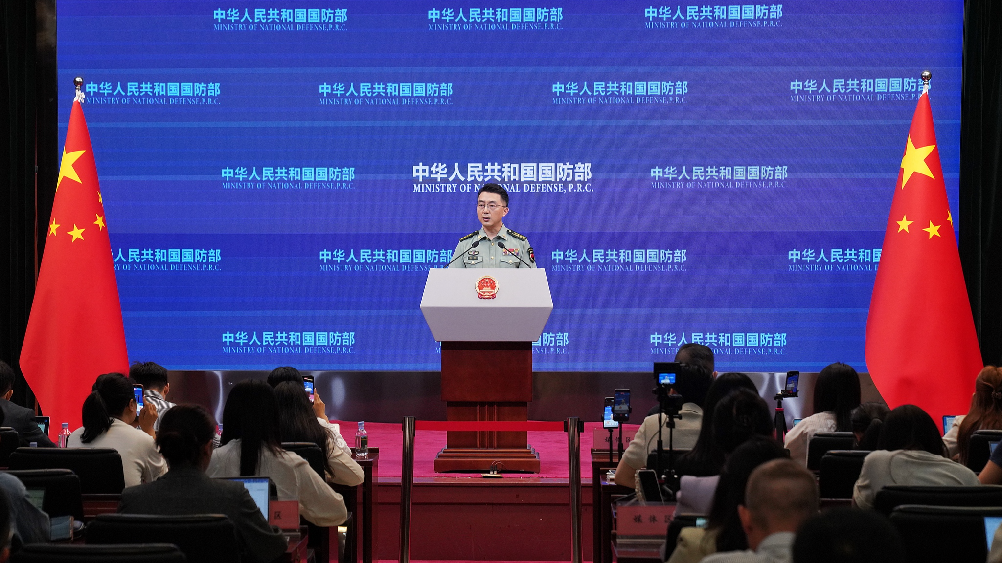 Jiang Bin, spokesperson for China's Ministry of National Defense, at a regular press briefing in Beijing, China, May 28, 2026. /VCG