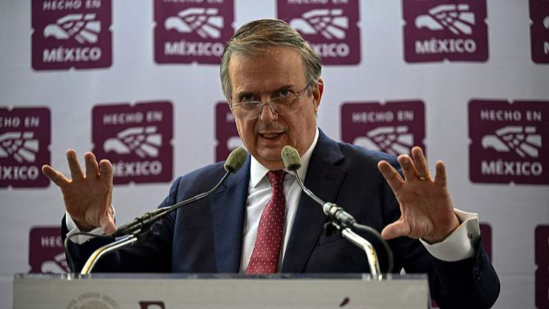 Mexican Economy Minister Marcelo Ebrard gestures as he speaks during a press conference in Mexico City, Mexico, May 27, 2026. /VCG