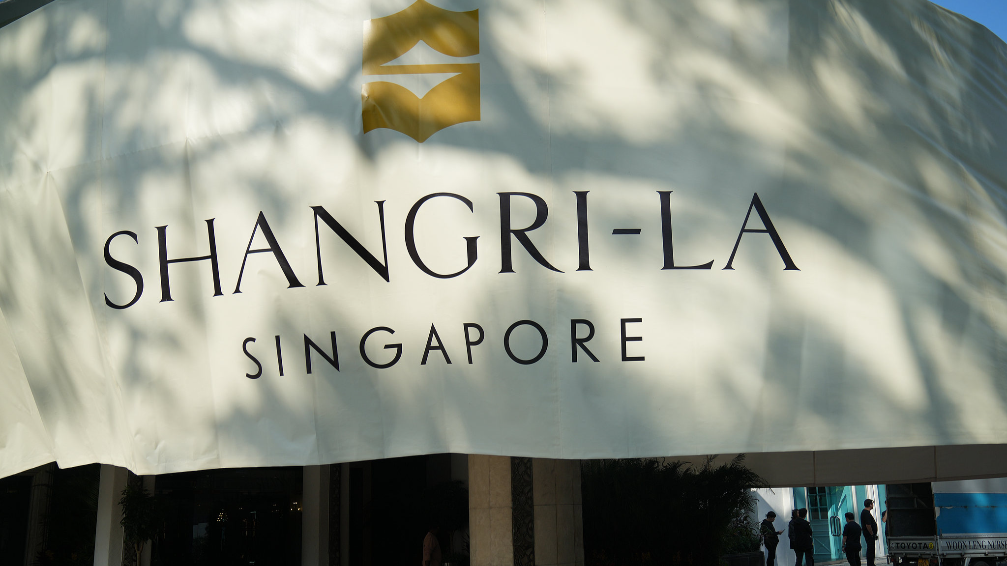 The entrance of the Shangri-La Hotel, the venue for the Shangri-La Dialogue, Asia's annual defense and security forum, in Singapore, May 28, 2026.