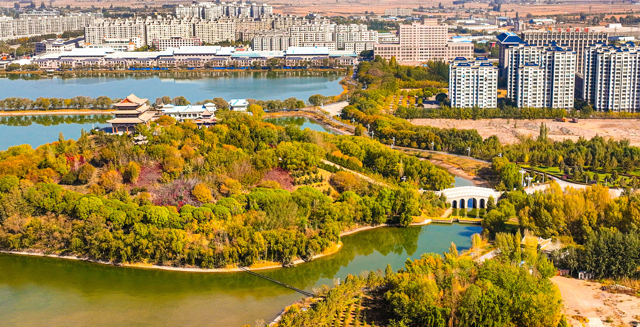 An aerial view of the Three-North Shelterbelt Forest Program in Zhangye City, northwest China's Gansu Province, October 20, 2025. /VCG