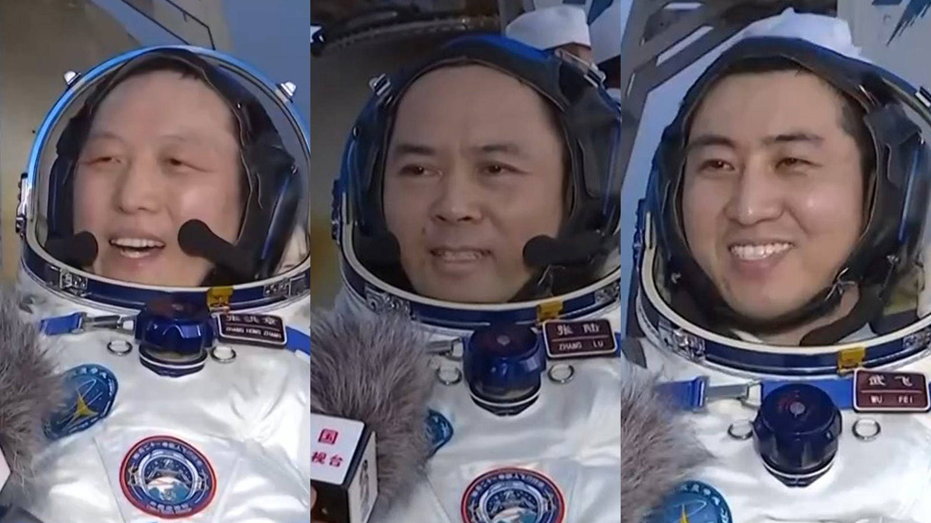 A combined photo shows the three Shenzhou-21 astronauts –  (from left) Zhang Hongzhang, Zhang Lu and Wu Fei – talk with reporters after getting out of the return capsule, Dongfeng landing site, north China's Inner Mongolia Autonomous Region, May 29, 2026. /CMG
