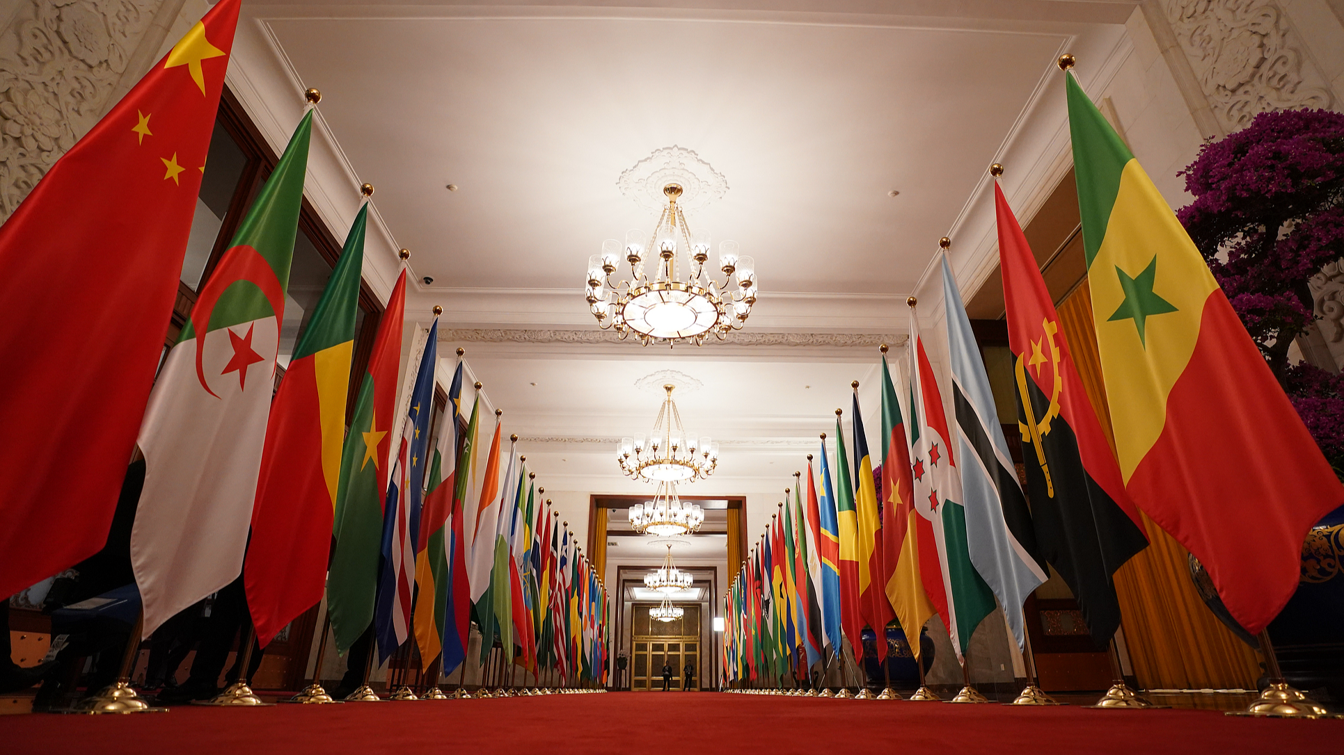 National flags of China, more than 50 African countries and the African Union form a ceremonial display before a welcome banquet for African and international guests attending the 2024 Beijing Summit of FOCAC in Beijing, China, September 4, 2024. /VCG