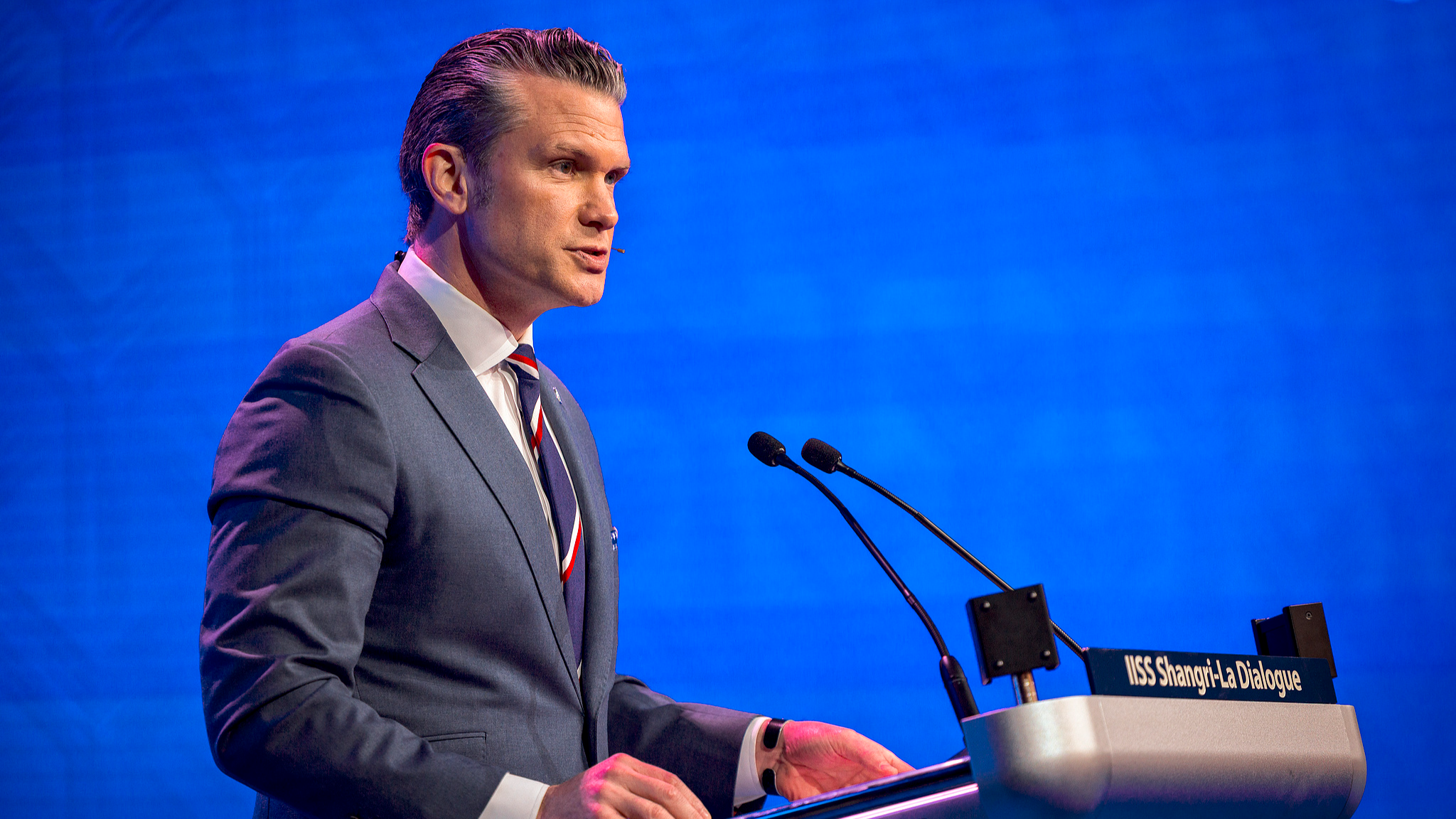 US Defense Secretary Pete Hegseth speaks during the 23rd IISS Shangri-La Dialogue at the Shangri-La Hotel on May 30, 2026, in Singapore. /VCG