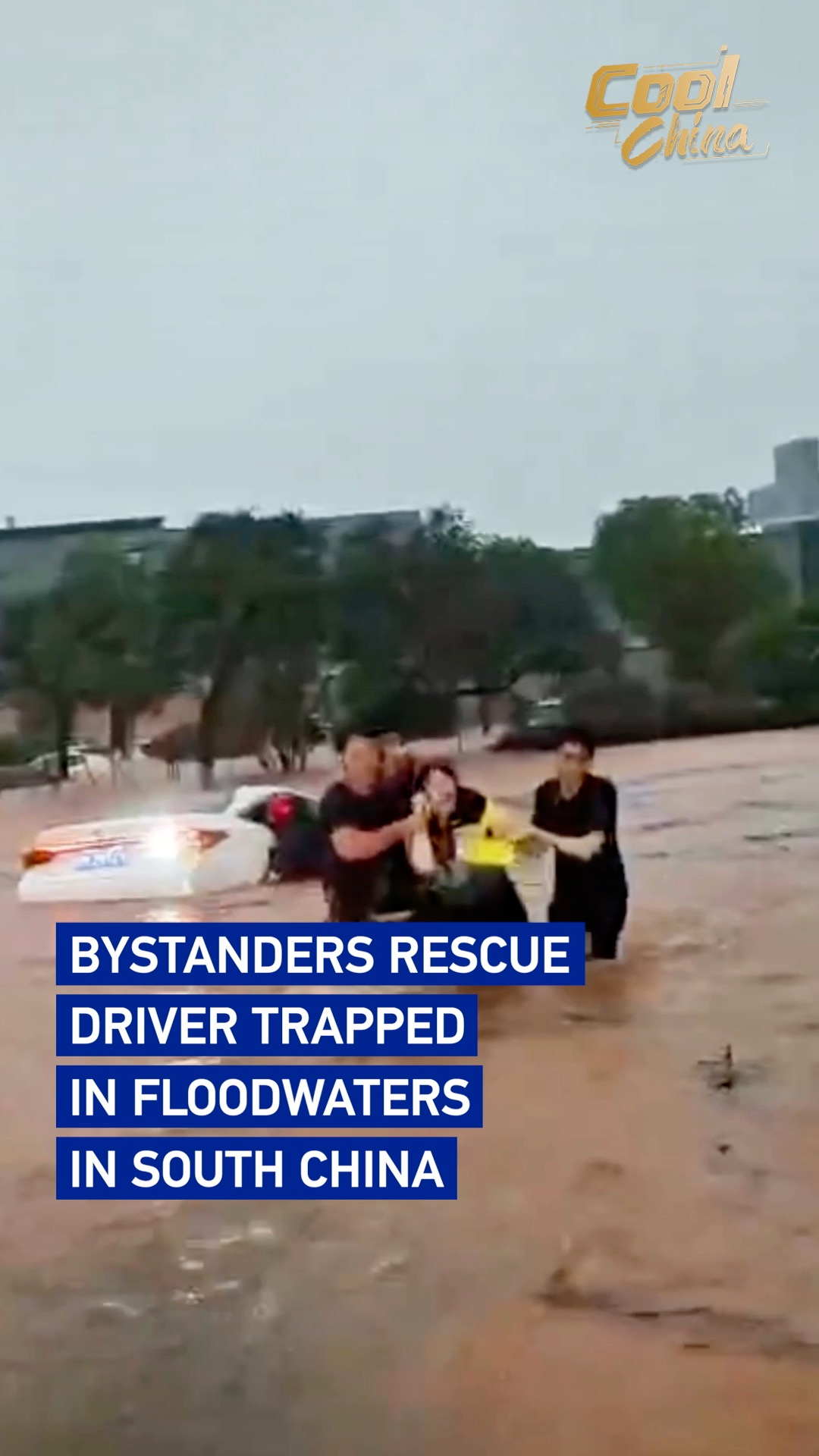Bystanders rescue driver trapped in floodwaters in south China