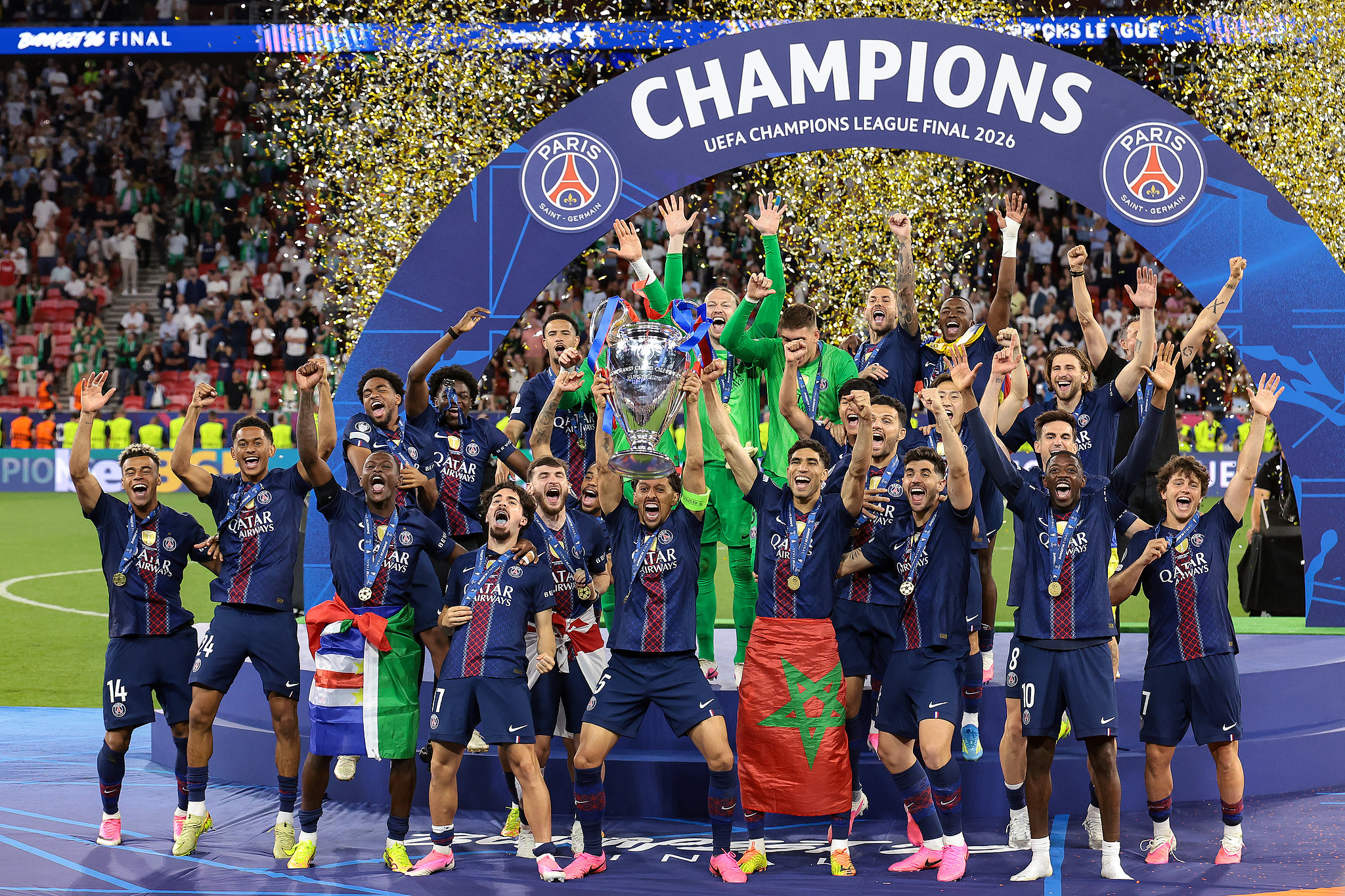 PSG celebrate after their penalty kick shootout victory against Arsenal in the UEFA Champions League final at the Puskas Arena in Budapest, Hungary, May 30, 2026. /VCG