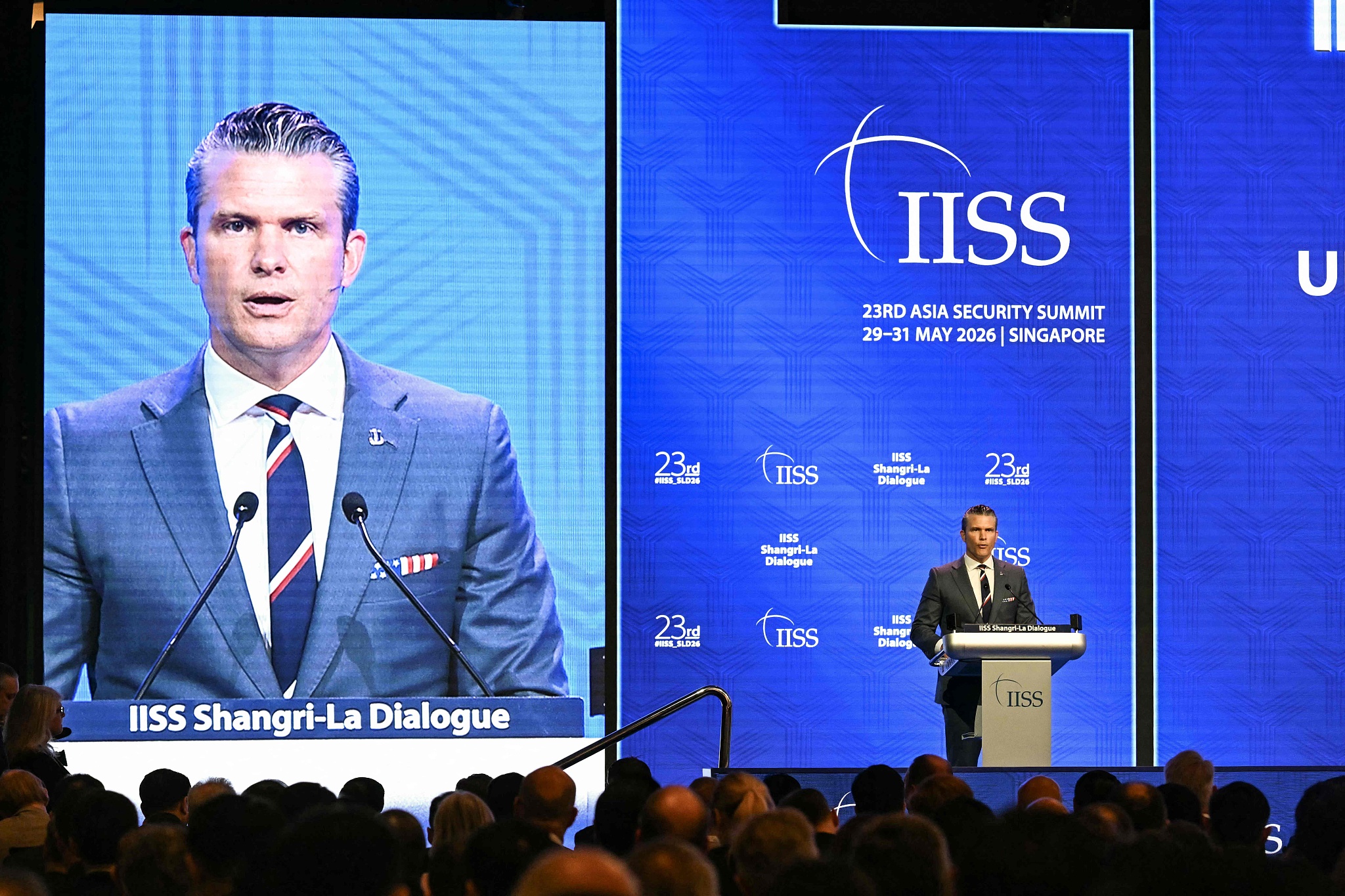 US Secretary of Defense Pete Hegseth speaks during the Shangri-La Dialogue 2026 in Singapore, May 30, 2026. /CFP
