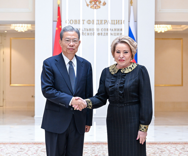 Zhao Leji (L), chairman of China's National People's Congress (NPC) Standing Committee, shakes hands with Russian Federation Council Speaker Valentina Matviyenko in Moscow, Russia, May 28, 2026. /Xinhua