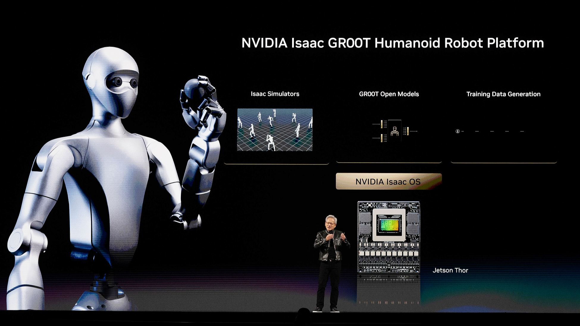 Jensen Huang, chief executive officer of Nvidia Corp., speaks about the Isaac GR00T humanoid robot platform at the Nvidia GTC conference on the sidelines of Computex 2026 in Taipei, Taiwan, on Monday, June 1, 2026. /VCG