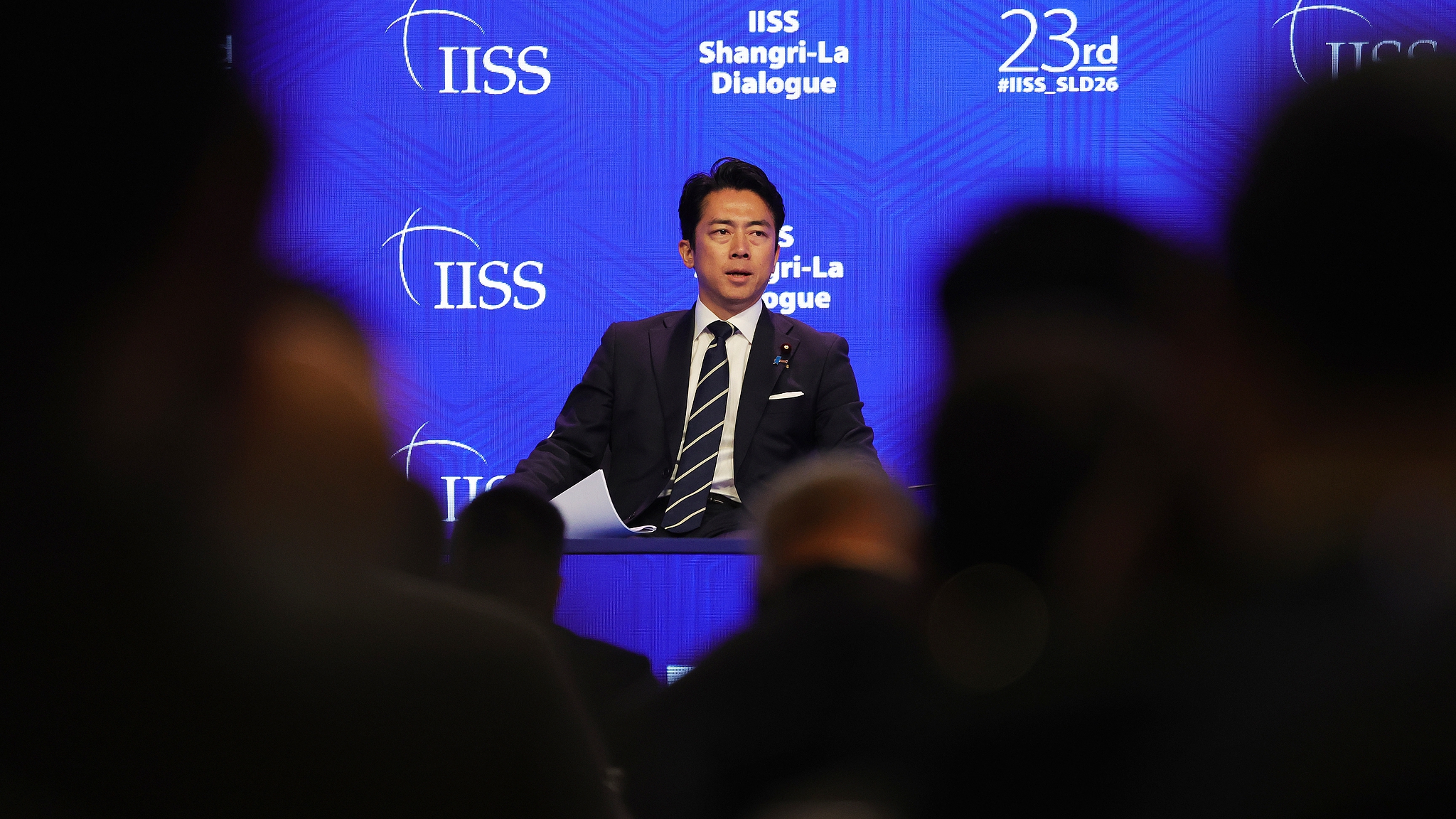 Japan's Minister of Defense Shinjiro Koizumi speaks at a question and answer session during a plenary session of the International Institute for Strategic Studies (IISS) Shangri-la Dialogue Defence Summit in Singapore, 31 May 2026. /CFP