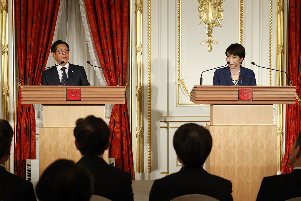 Sanae Takaichi, Japan's prime minister, and Ferdinand Marcos Jr., the Philippines' president, during a news conference at the Akasaka Palace state guest house in Tokyo, Japan, May 28, 2026. /CFP