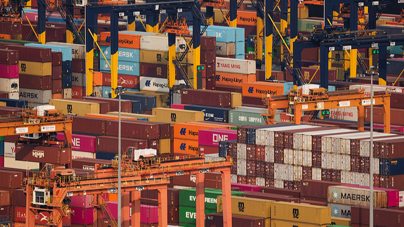 Shipping containers from multiple global carriers are stacked among gantry cranes at Yantian International Container Terminals in Shenzhen, south China's Guangdong Province, April 15, 2026. /VCG