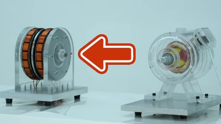 Models of an axial flux motor (left) and a radial flux motor (right). /CMG