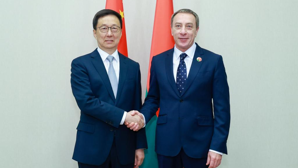 Chinese Vice President Han Zheng (L) meets with Belarusian First Deputy Prime Minister Nikolai Snopkov in Minsk, Belarus on June 6, 2026. /Xinhua