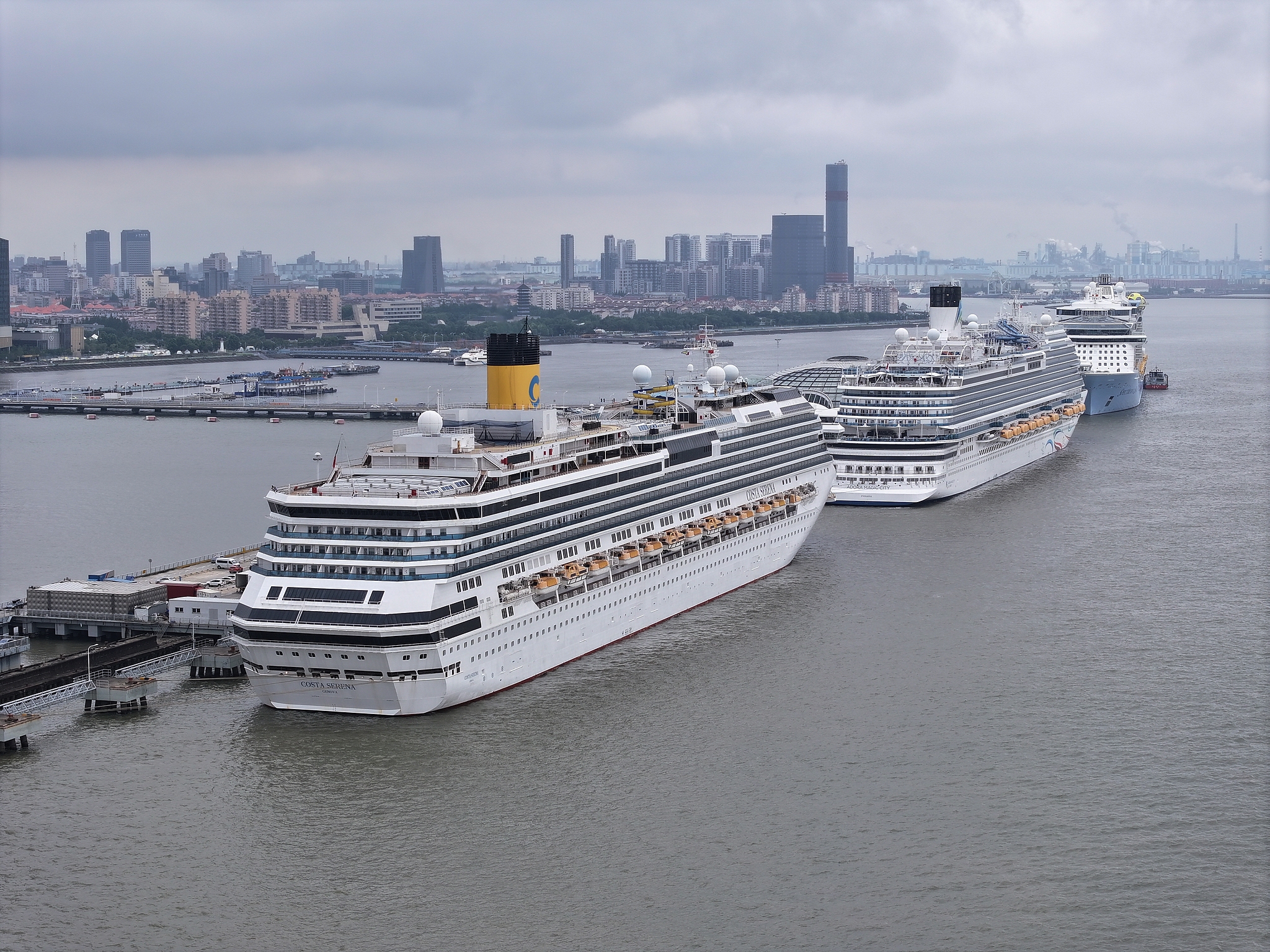 Three large cruise ships are docked at the Wusongkou International Cruise Terminal in Shanghai, east China, June 24, 2025. /VCG