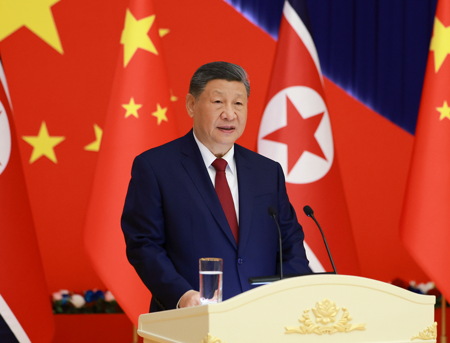 Xi Jinping, general secretary of the CPC Central Committee and Chinese president, delivers a speech during a welcome banquet hosted by Kim Jong Un, general secretary of the WPK and president of the State Affairs of the DPRK, in Pyongyang, the DPRK, June 8, 2026. /Xinhua