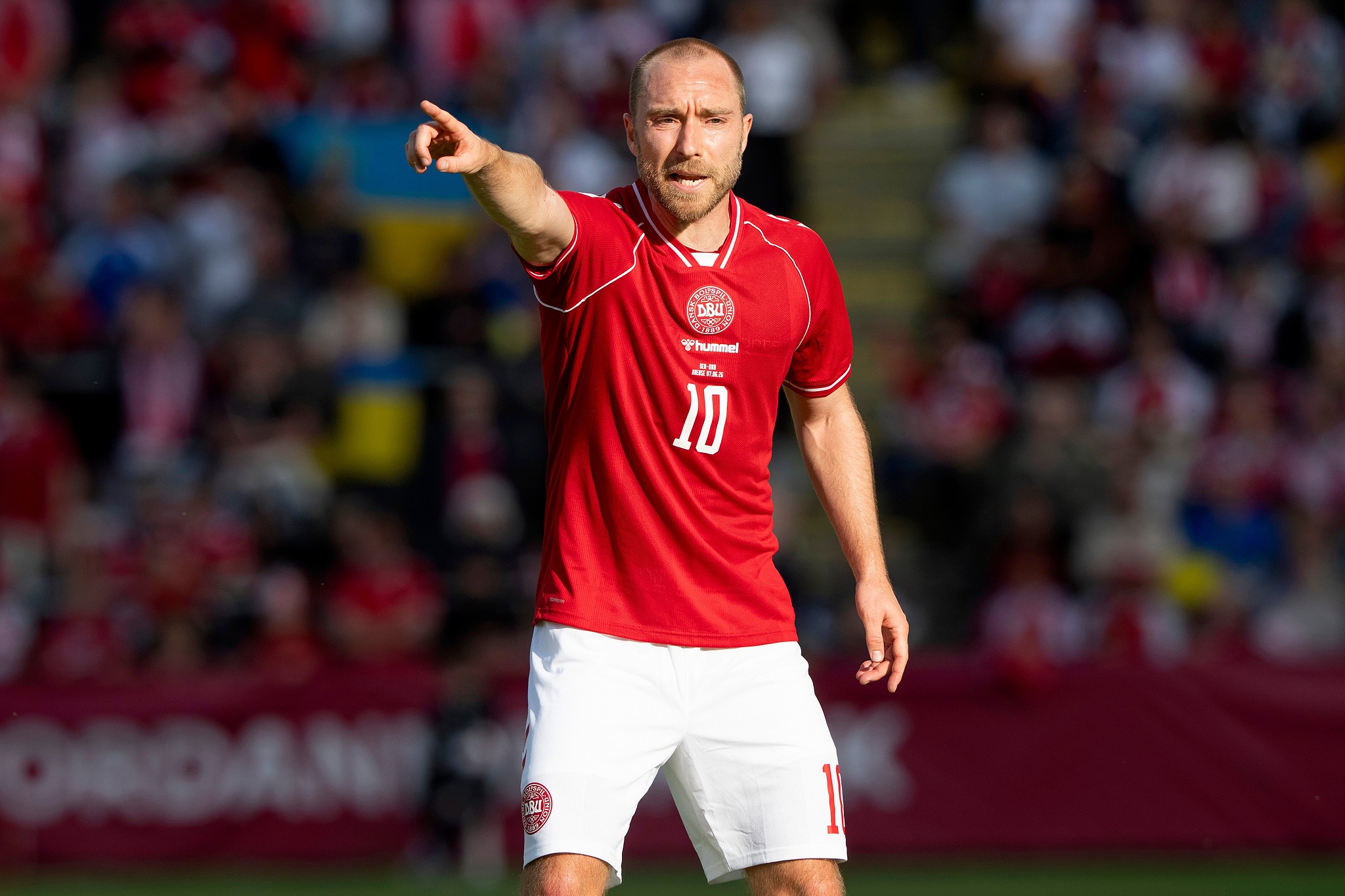 Denmark's Christian Eriksen reacts during the international football match between Denmark and Ukraine in Odense, Denmark, June 7, 2026. /VCG