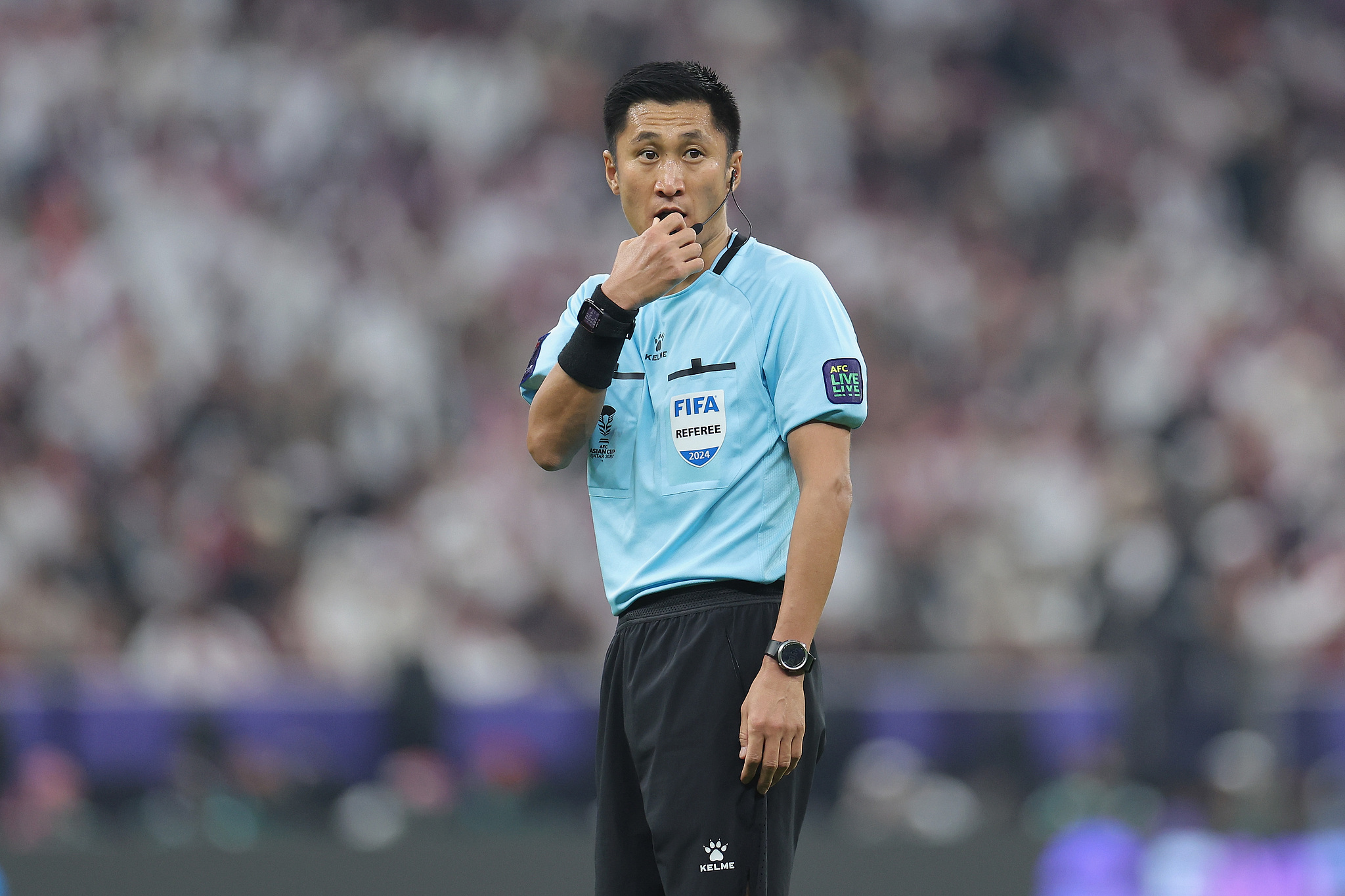 Match referee Ma Ning of China reacts during the AFC Asian Cup final match between Jordan and Qatar at Lusail Stadium  in Lusail City, Qatar, February 10, 2024. /VCG