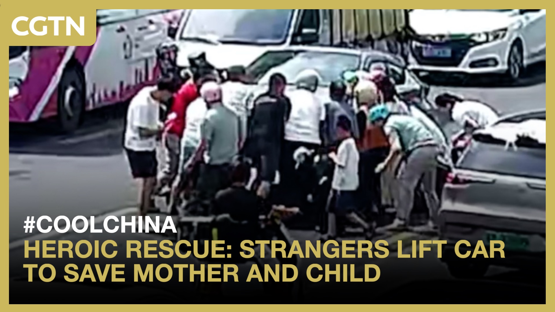 Heroic rescue: Strangers lift car to save mother and child