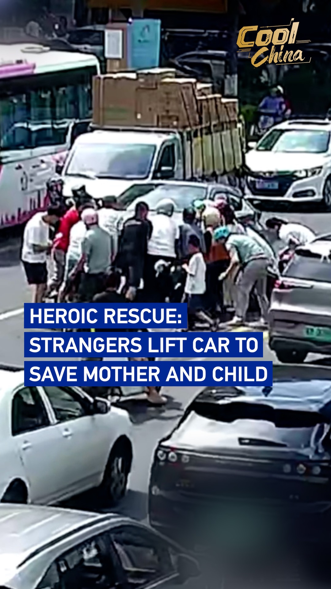 Heroic rescue: Strangers lift car to save mother and child