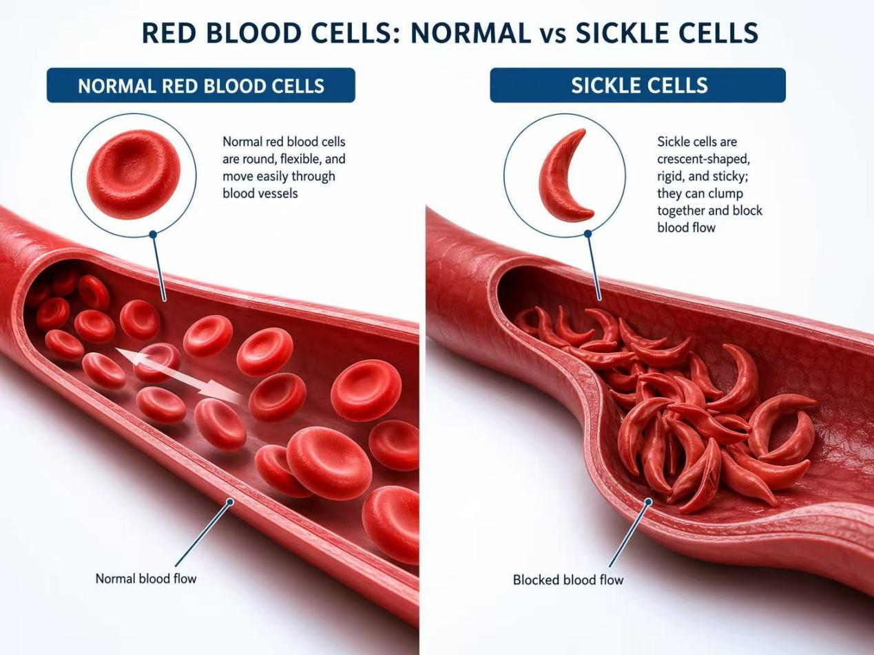 Healthy red blood cells (left) versus sickle‑shaped cells in sickle cell disease. /Courtesy of Peking University International Hospital