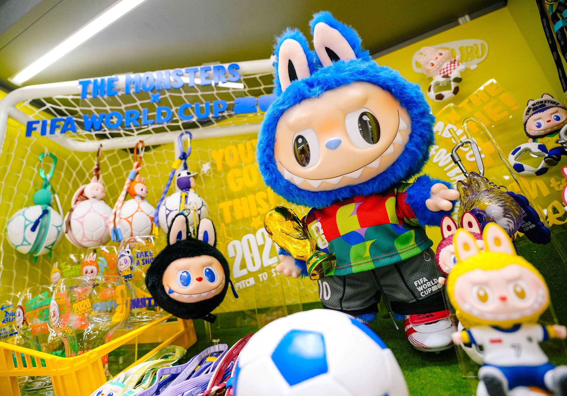 A Labubu figure – dressed in a special World Cup jersey as a No. 10 football player – is seen on display at a Pop Mart store in Huizhou, Guangdong Province on April 5, 2026. /VCG