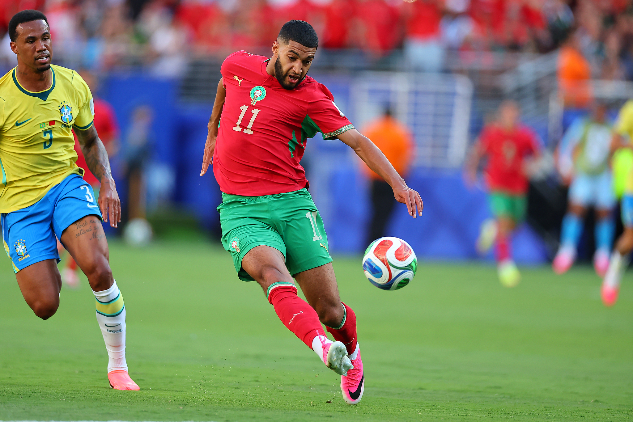 Ismael Saibari (#11) of Morocco shoots to score a goal in the Group C match against Brazil at the 2026 FIFA World Cup at MetLife Stadium in East Rutherford, New Jersey, June 13, 2026. /VCG