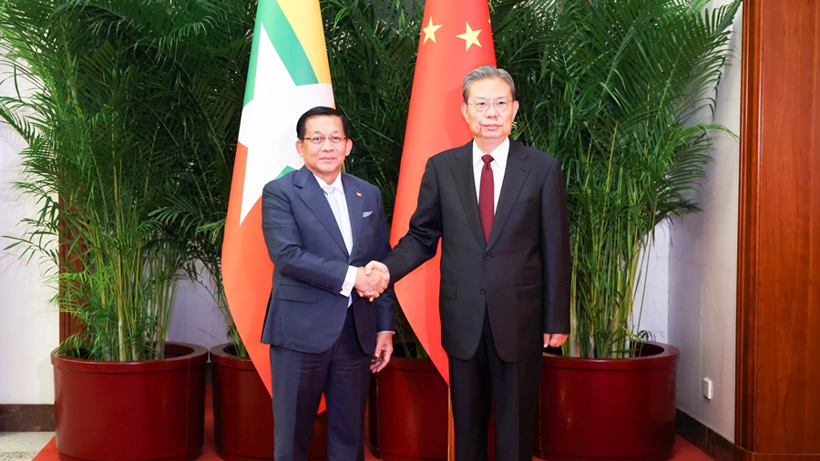 Zhao Leji (R), chairman of the National People's Congress (NPC) Standing Committee, meets with Myanmar President Min Aung Hlaing in Beijing, China, June 16, 2026. /Xinhua