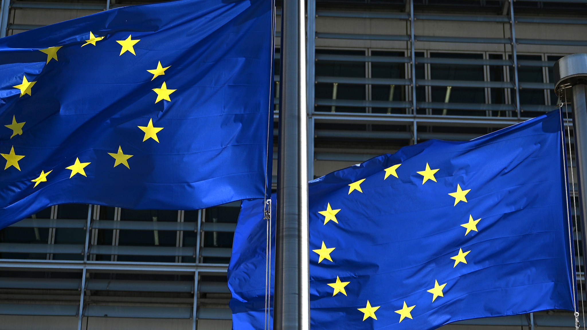 A file photo of flags with the logo of the European Union waving in the wind in front of the European Commission building. /VCG