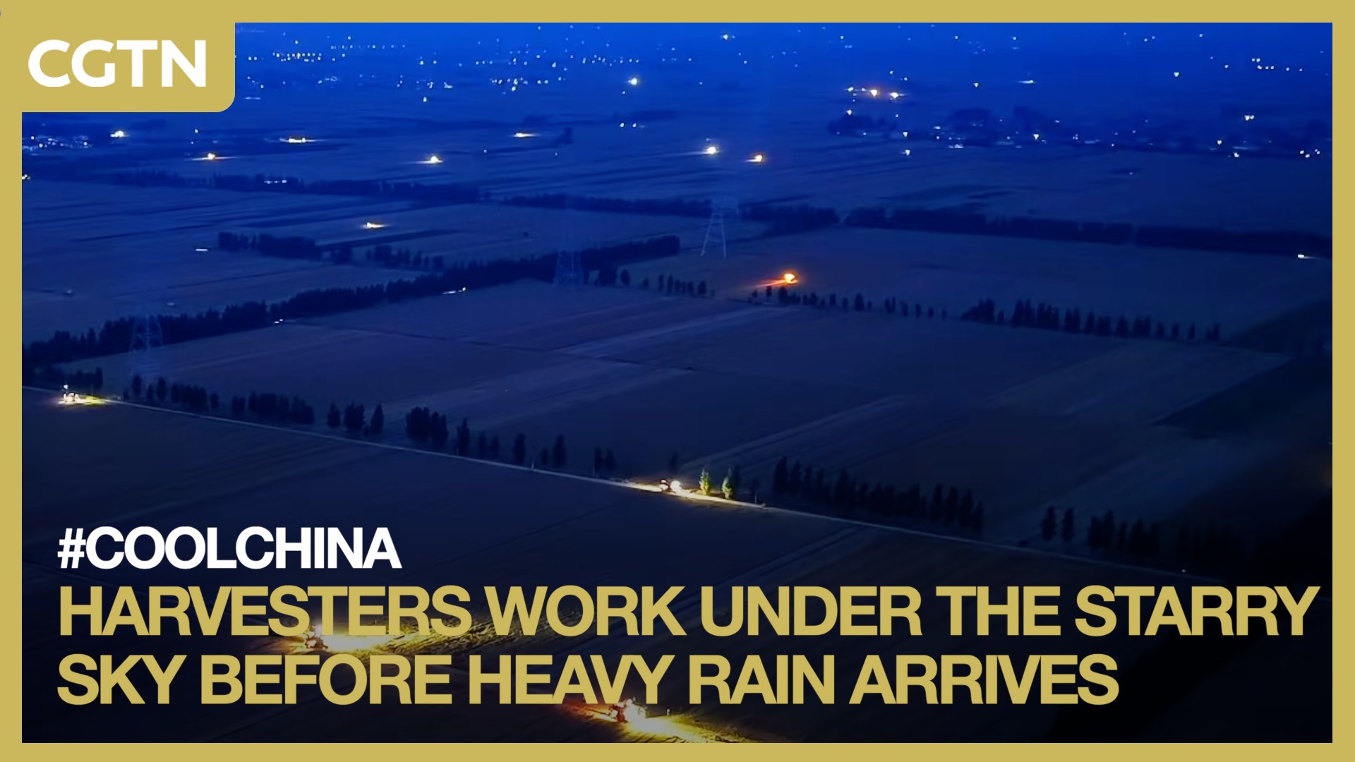 Harvesters work under the starry sky before heavy rain arrives