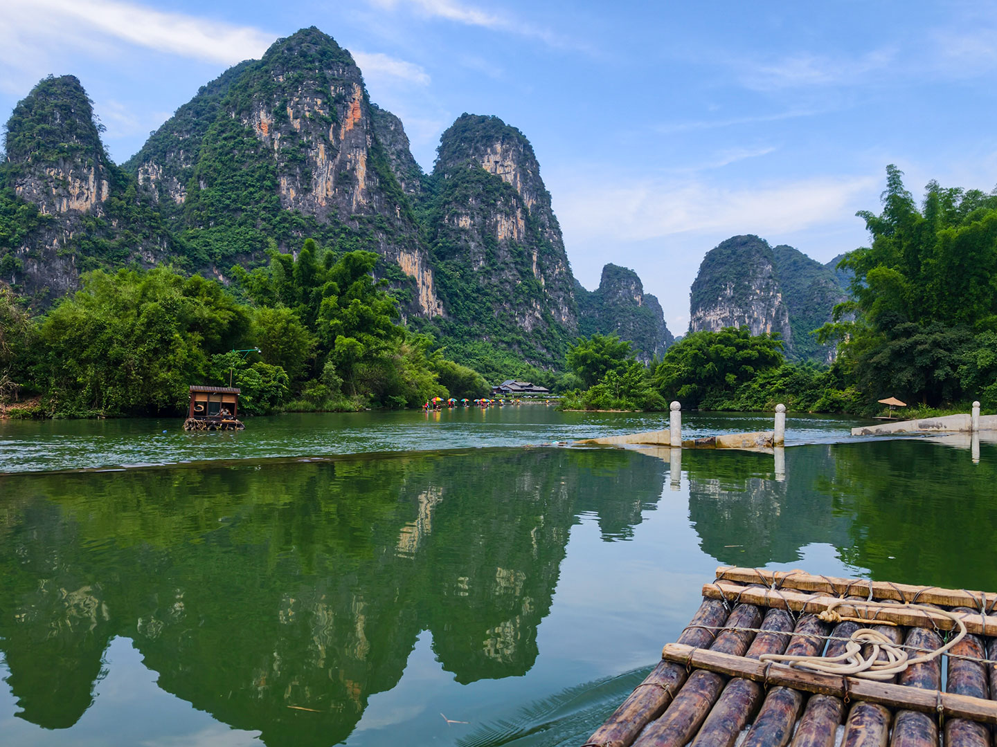 A photo taken on June 2, 2026 shows a view from a bamboo raft floating down the Yulong River in Yangshuo, Guangxi. /CGTN