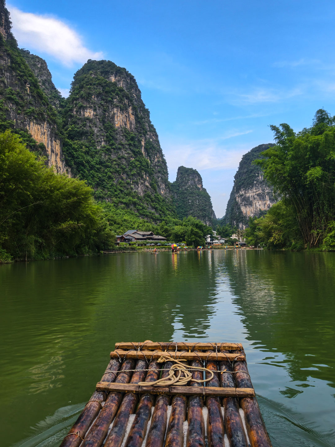 A photo taken on June 2, 2026 shows a view from a bamboo raft floating down the Yulong River in Yangshuo, Guangxi. /CGTN