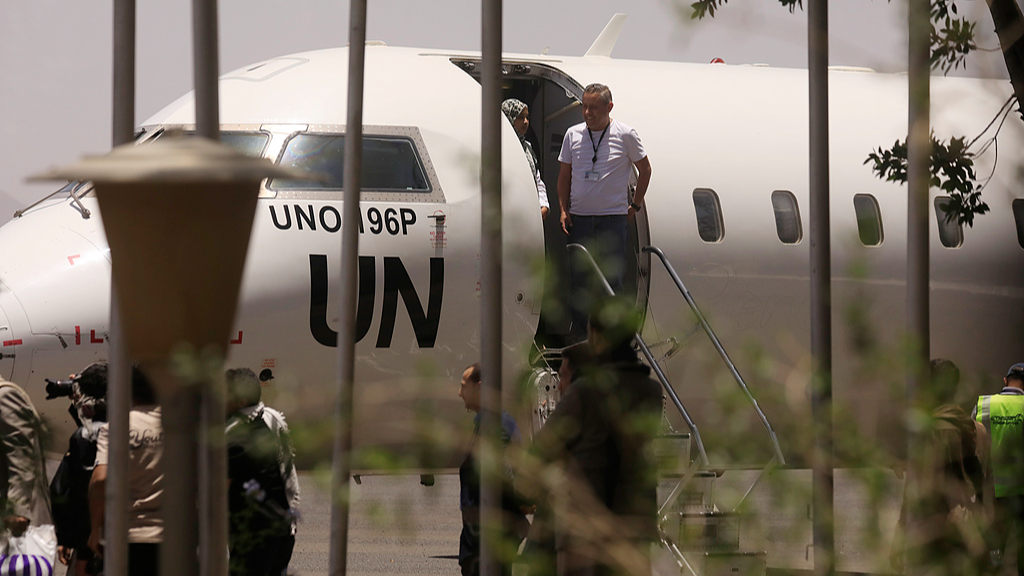 A UN aircraft is seen at Sana'a airport after transporting a Houthi delegation from Jordan to Sana'a, Yemen, May 21, 2026. /VCG
