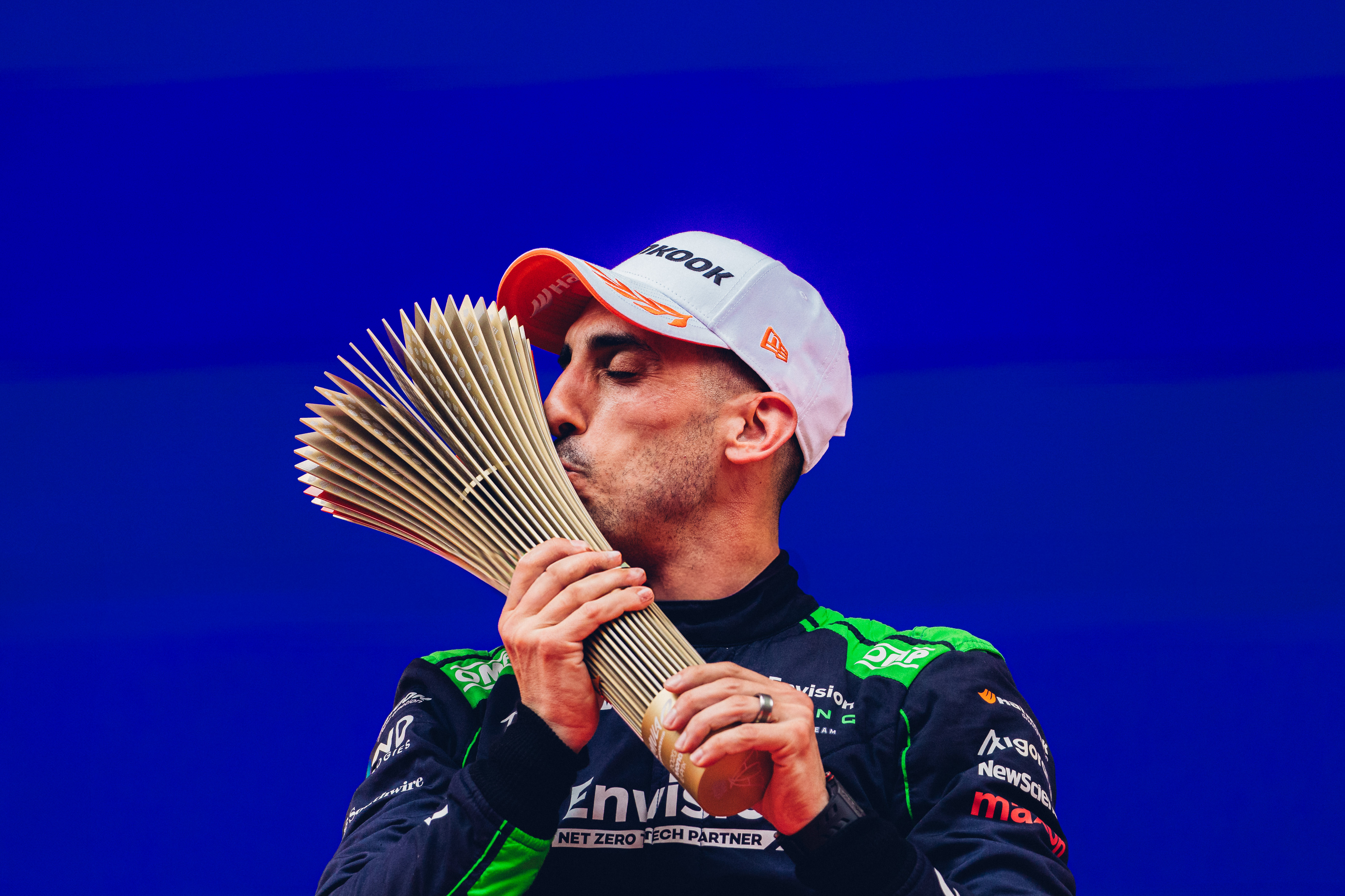 Sebastien Buemi on the podium after winning the 2025 Monaco E-Prix, in Monte-Carlo, Monaco. Picture: Supplied.