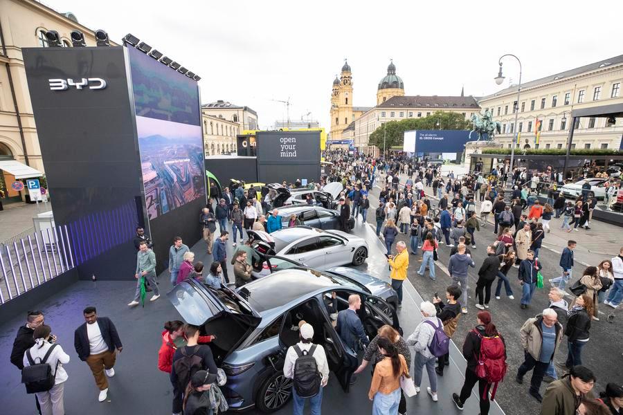 People visit the exhibition zone of BYD at the 2025 IAA Mobility in Munich, Germany, September 9, 2025. /Xinhua