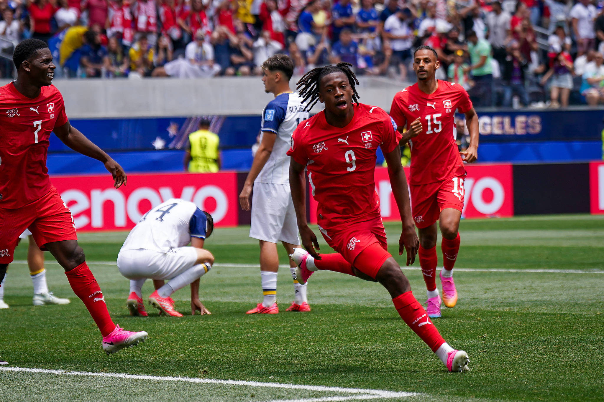 Switzerland midfielder Johan Manzambi (#9) celebrates after scoring a goal in the Group B match against Bosnia and Herzegovina at the 2026 FIFA World Cup in Inglewood, California, June 18, 2026. /VCG