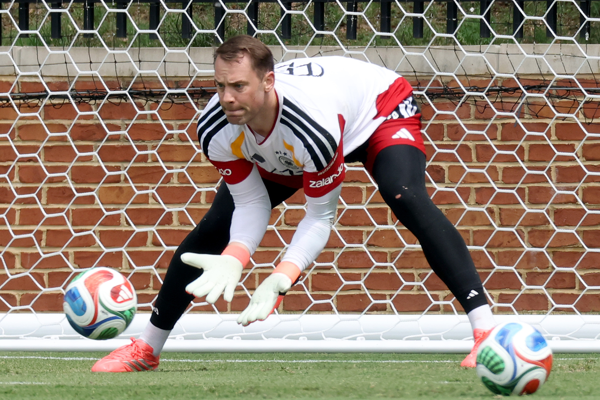 Germany goalkeeper Manuel Neuer saves a shot during training ahead of Saturday's Group E match against Cote d'Ivoire at the 2026 FIFA World Cup in Winston-Salem, North Carolina, June 18, 2026. /VCG
