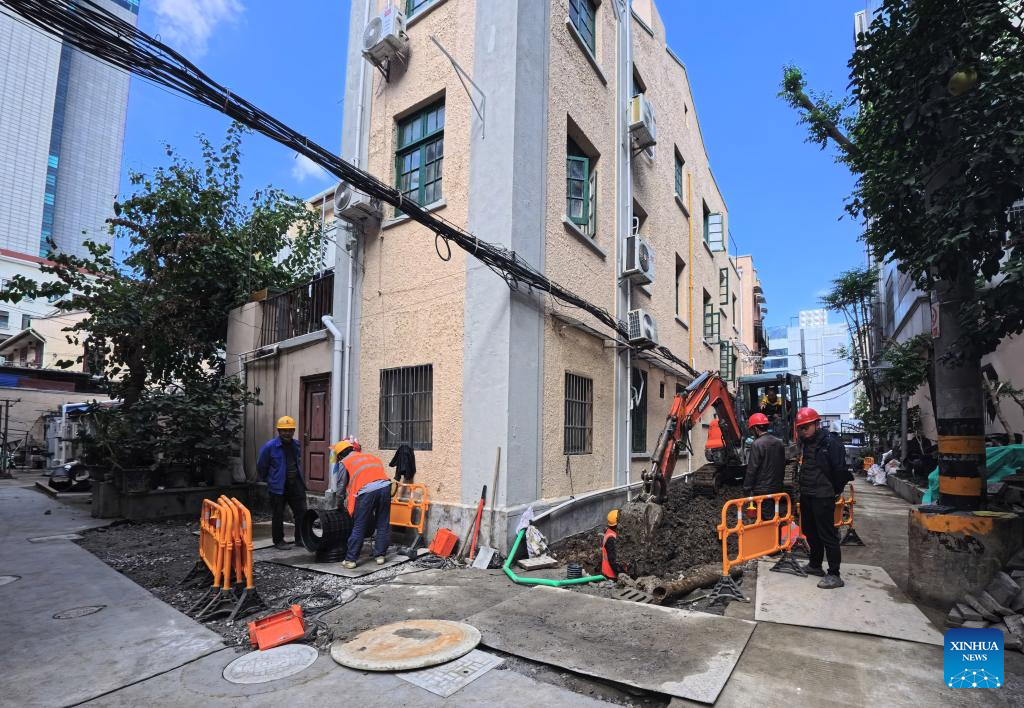 This photo taken on October 31, 2025 shows the construction site of a sewage pipeline renovation project in an old neighborhood in east China's Shanghai. /Xinhua
