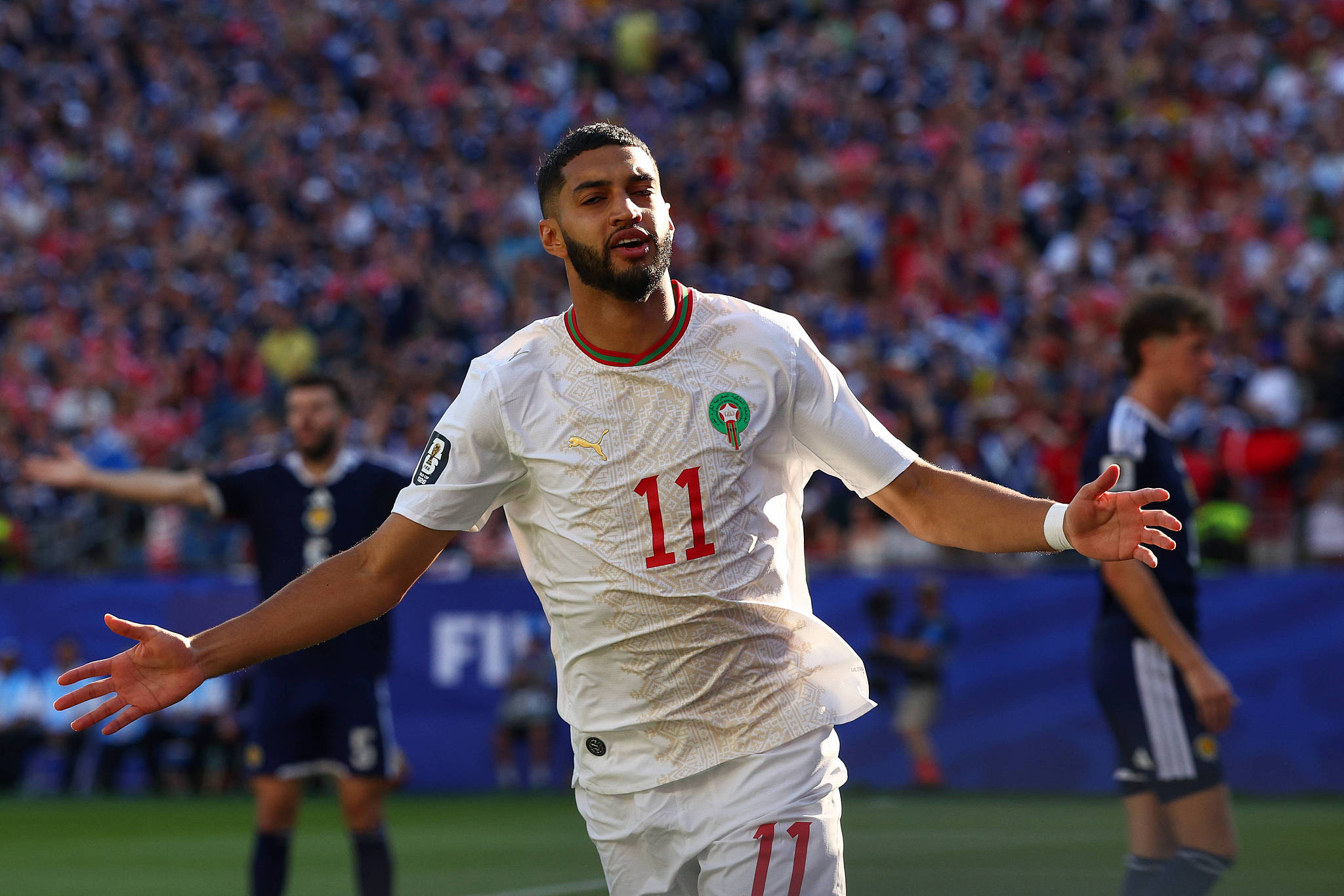 Ismael Saibari of Morocco celebrates scoring a goal during the World Cup Group C match between Scotland and Morocco at Boston Stadium in the USA, June 19, 2026. /VCG